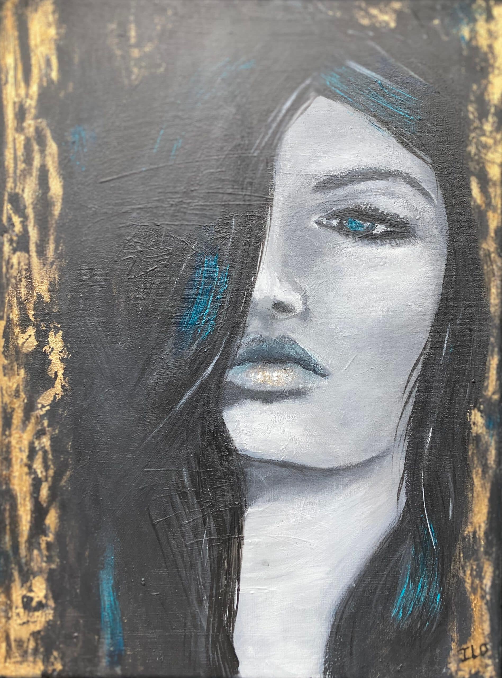 Lady, 30 x 40 cm, gemengde techniek, in zwarte baklijstt